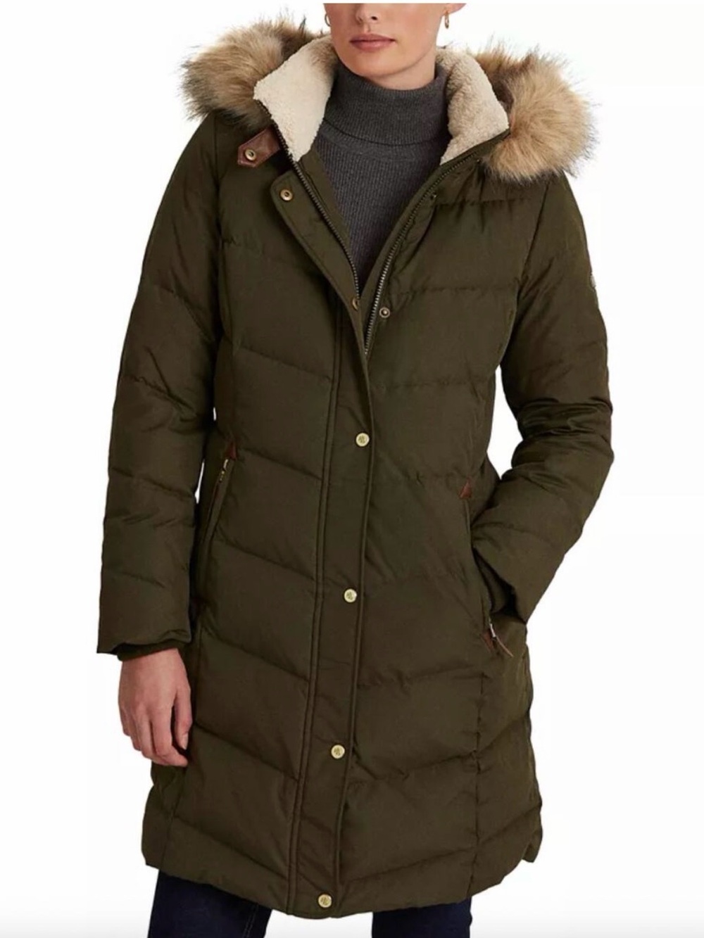 Lauren Ralph Lauren Olive Green Down Puffer Coat Faux Fur Hood Size S